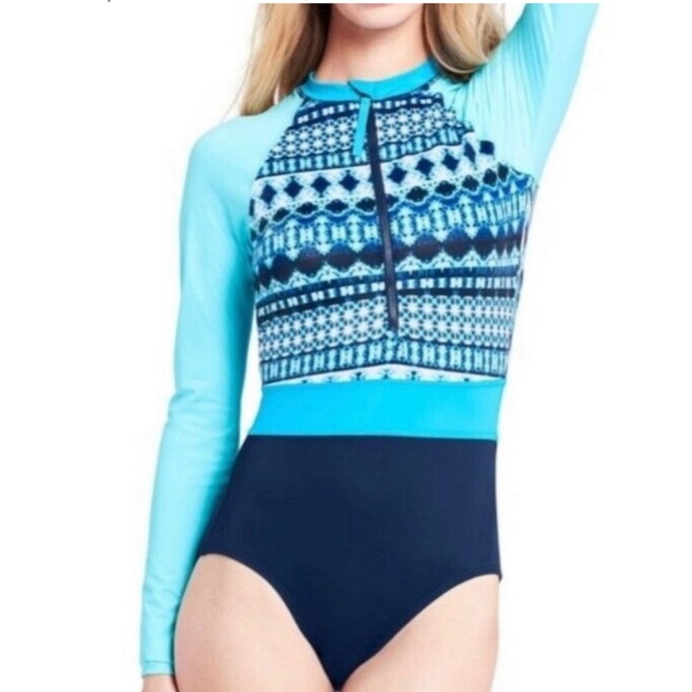 Lands' End Blue Long Sleeve One Piece Swimsuit